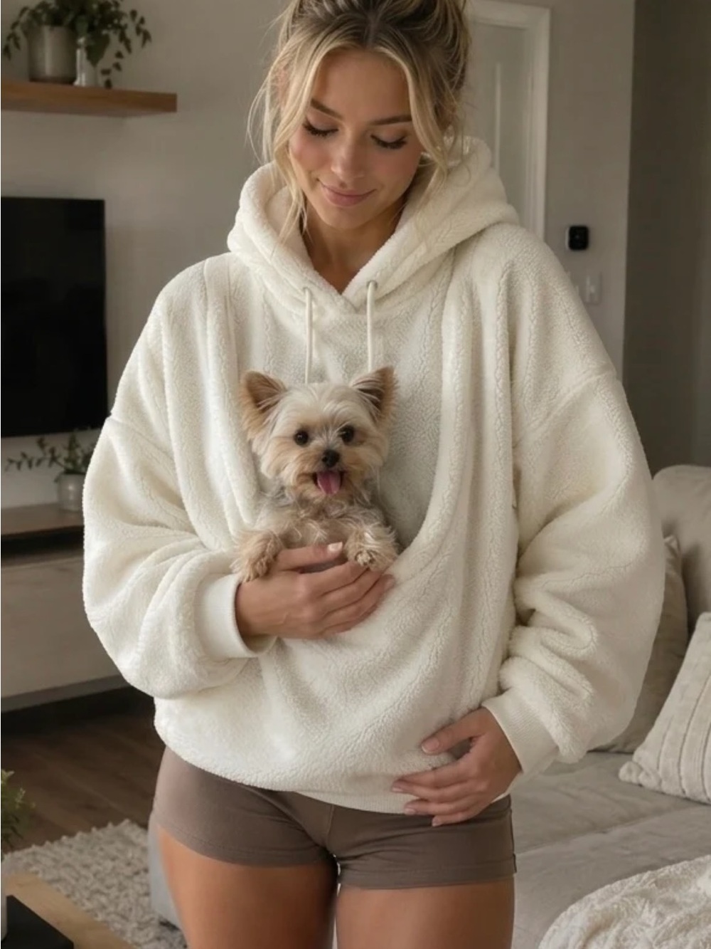 Cream Sherpa Pet Pouch Hoodie Oversized Dog Cat Carrier Sweatshirt